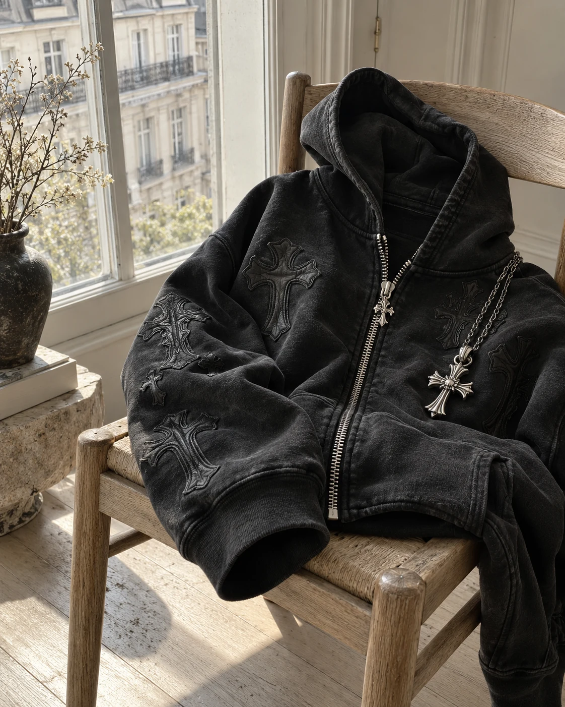Black cotton, gothic embroidery, window light — photo 1